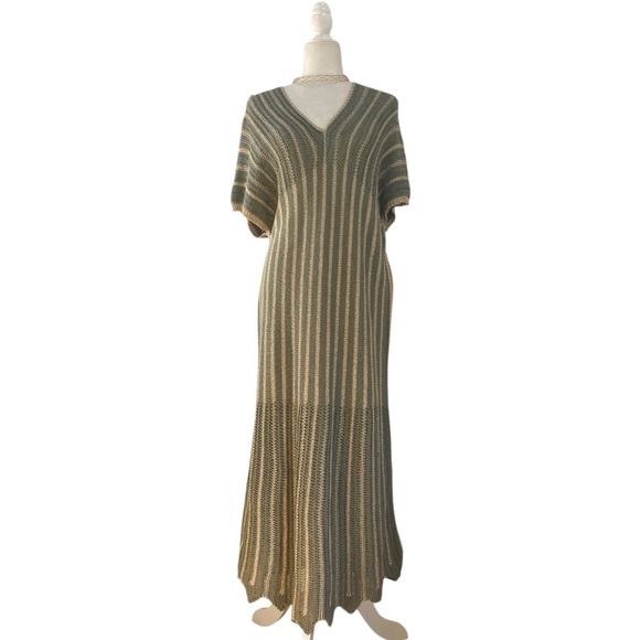 Floris Lurex Crochet Knit Maxi Dress NWT in Sage Gold Metallic Made in Italy - Picture 5 of 15